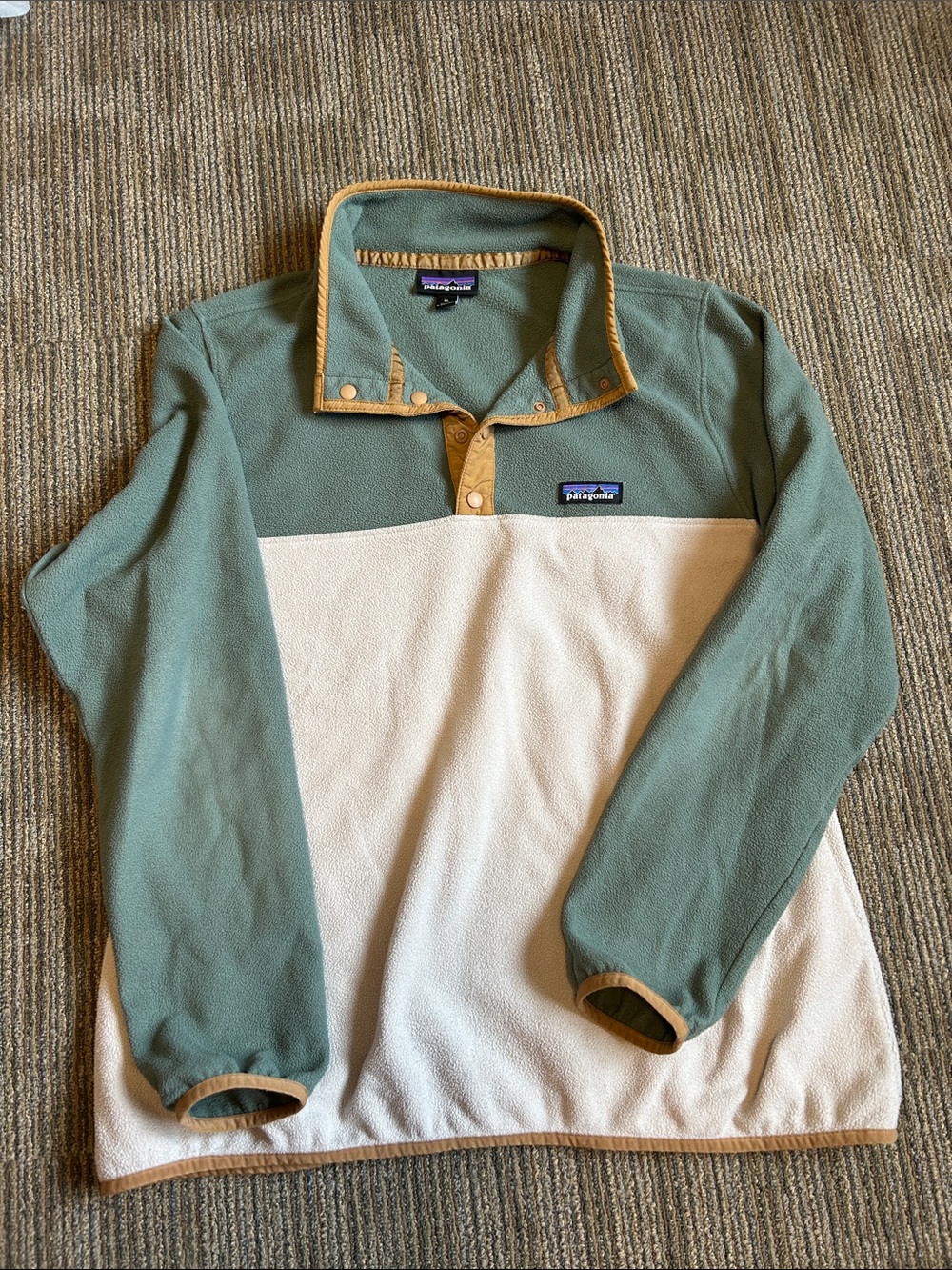 Patagonia Two-Tone Snap-T Fleece Pullover - Sage & Cream with Tan Trim